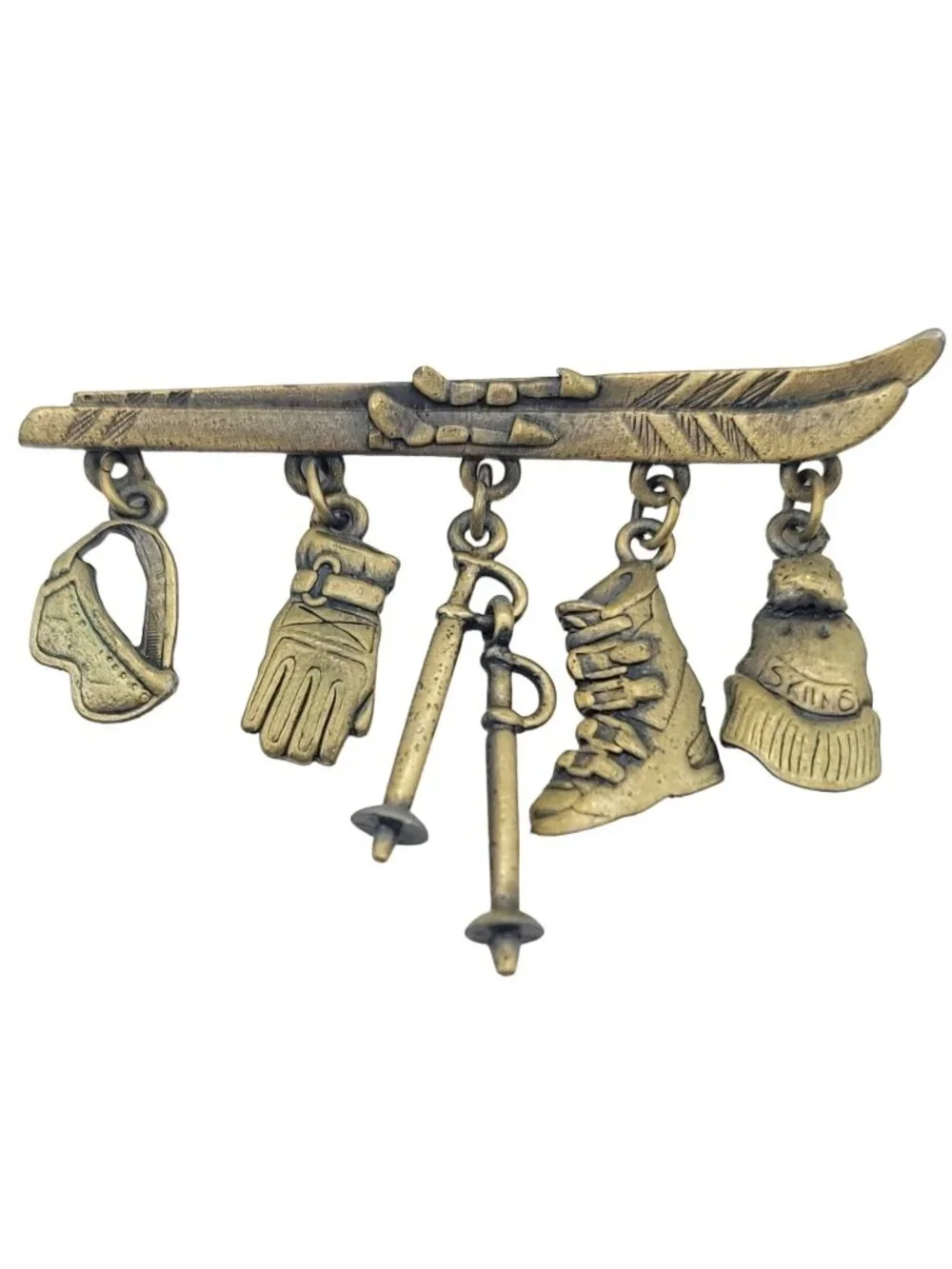 JJ Jonette Jewelry Gold Tone Snow Skiing Charms Brooch, Signed